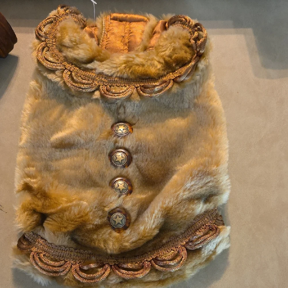 New Couture Warm Velcro Faux Fur Dog Coat Beautiful Button Accents Rare